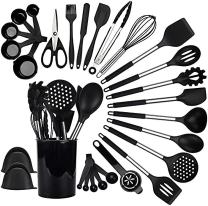  Silicone Kitchen Utensil Set, 28 Pcs Non-Stick Cooking Utensils Set With Holder, Tongs, Spatula, Whisk, Measuring Cups And Spoons Set With Stainless Steel Handle Kitchen Gadgets (Light Green)