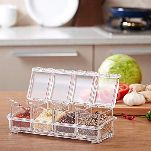  Clear Seasoning Rack Spice Pots - 4 Piece Storage Container Condiment Jars - Acrylic Seasoning Box, Cruet With Cover And Spoon