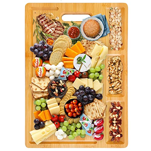  Original Bamboo Cutting Board(3 Piece Set) With Handle For Kitchen, With Built-In Compartments And Juice Grooves, Heavy Duty Chopping Board Serving Tray, Butcher Block, Carving Board…