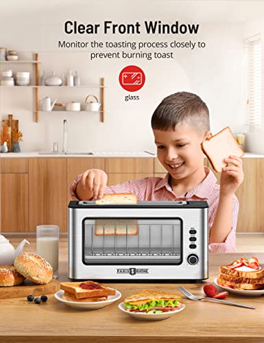  Toaster, Paris Rhône Toaster 2 Slice Extra Wide Long Slot Retro Toaster With Easy View Window, 6 Browning Levels, Easy To Clean, Auto Shutoff, Stainless Steel Silver Toaster For Bagels, Waffles (Silver)