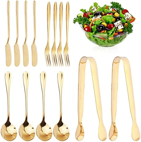  14 Pcs Cheese Spreader Set, Cheese Butter Jam Spreader Knives Set | Easy Clean, Stainless Steel Butter Knife, Mini Tongs, Serving Spoon And Fork For Cheese, Butter, Jam, Pastry(Gold)