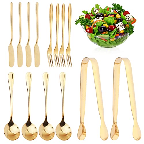  14 Pcs Cheese Spreader Set, Cheese Butter Jam Spreader Knives Set | Easy Clean, Stainless Steel Butter Knife, Mini Tongs, Serving Spoon And Fork For Cheese, Butter, Jam, Pastry(Gold)