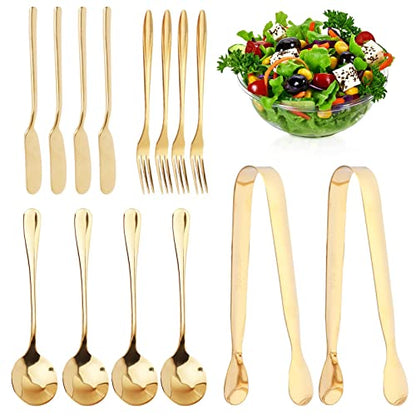  14 Pcs Cheese Spreader Set, Cheese Butter Jam Spreader Knives Set | Easy Clean, Stainless Steel Butter Knife, Mini Tongs, Serving Spoon And Fork For Cheese, Butter, Jam, Pastry(Gold)