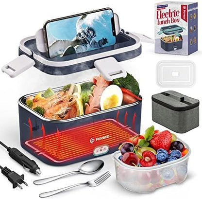  Electric Lunch Box [Faster-75W, Large-1.8L] Food Heated Lunch Box, 12V/24V/110V Food Warmer Lunch Box For Car Truck Home, With Airtight Lid, SS Container, Fork Spoon, Carry Bag