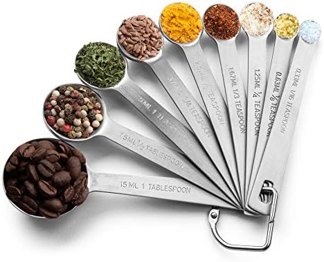  Stainless Steel Measuring Spoon Set With D-Ring Holder, For Dry And Liquid Ingredients (9 Piece Set)