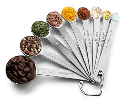  Stainless Steel Measuring Spoon Set With D-Ring Holder, For Dry And Liquid Ingredients (9 Piece Set)