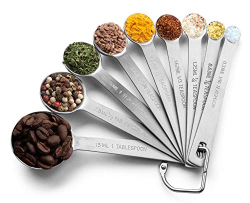  Stainless Steel Measuring Spoon Set With D-Ring Holder, For Dry And Liquid Ingredients (9 Piece Set)
