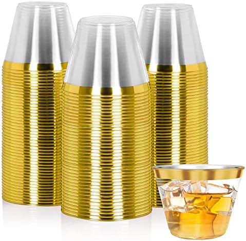  Plastic Cups Party Cups 100 Pack 9 Oz Gold Plastic Cups Disposable Cups Gold Rimmed Clear Plastic Cups For Wedding Reusable Elegant Plastic Wine Glasses Gold Cups Cocktail Cups