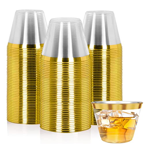  Plastic Cups Party Cups 100 Pack 9 Oz Gold Plastic Cups Disposable Cups Gold Rimmed Clear Plastic Cups For Wedding Reusable Elegant Plastic Wine Glasses Gold Cups Cocktail Cups