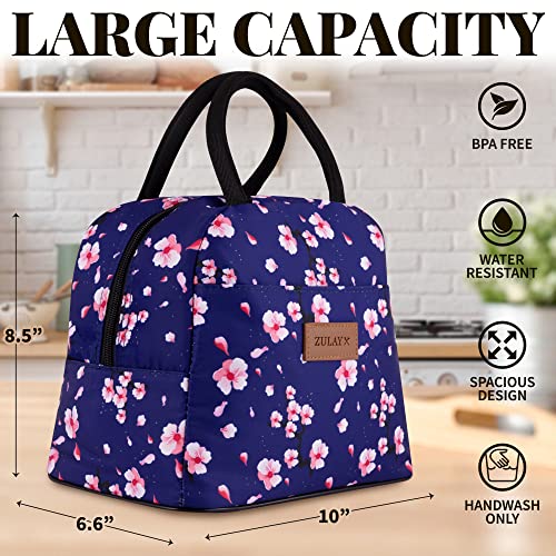  Insulated Lunch Box For Women - Tote Lunch Bag Women Insulated With Soft Padded Handles - Cute Lunch Bags For Women, Teens, Men - Ideal For Work, School, Picnics (Blue With Pink Flowers)