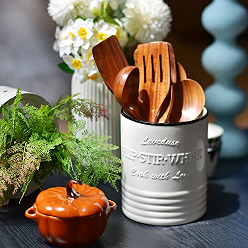  Laveduso Utensil Holder, 7.2" Large Utensil Crock, Ceramic Utensil Holder For Countertop, With Cork Mat, Stable And Easy To Clean, Vintage Cooking Utensil Holder For Farmhouse Kitchen Decor, White