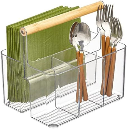  MDesign Plastic Portable Storage Organizer Kitchen Caddy Tote, Divided Bin With Wood Handle For Napkins, Silverware, Forks, Knives, Spoons - Store In Cabinets, Countertops - Charcoal Gray/Natural