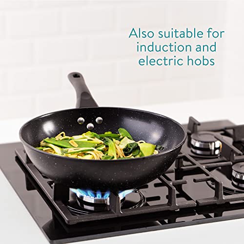  Non Stick Wok - 12.2" Wok Pan For All Stovetop Types - Black Flat Bottom Wok W/Anti Stick Coating For Gas Electric Ceramic Induction Cooktops