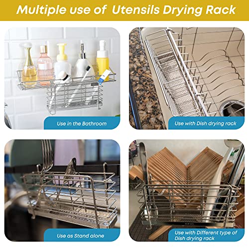  Sturdy 304 Stainless Steel Utensil Drying Rack Basket Holder With Hooks 3 Divided Compartments, Rust Proof, No Drilling