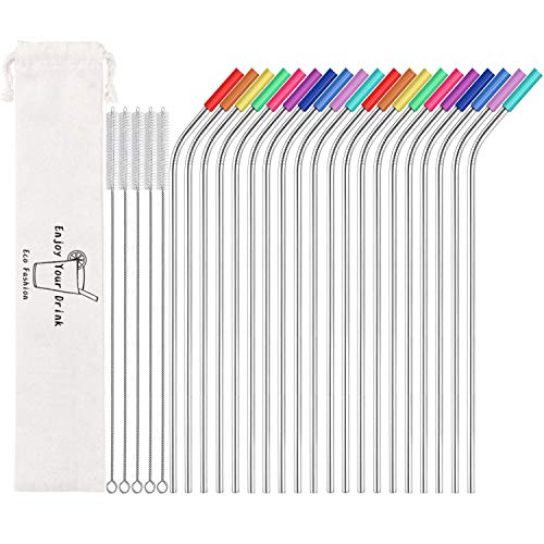  Set Of 20 10.5" Reusable Stainless Steel Straws Bent Reusable Straws With 20 Silicone Tips 5 Cleaning Brush 1 Travel Case Eco Friendly Extra Long Metal Straws Drinking For 20 24 30 Oz Tumbler