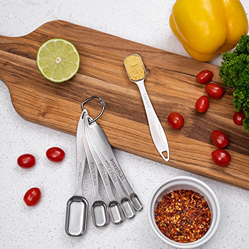  Heavy Duty Stainless Steel Measuring Spoons For Narrow Spice Jars With Slim Handles And Etched Markings & Removable Clasp, Perfect Measuing Spoons And Table Spoons