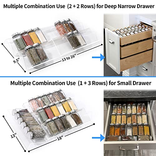  MIUKAA Clear Acrylic Spice Drawer Organizer, 4 Tier- 2 Set Expandable From 13" To 26" Seasoning Jars Drawers Insert, Kitchen Spice Rack Tray For Drawer/Countertop (Jars Not Included)