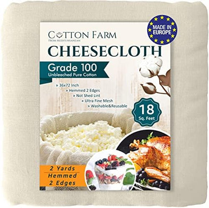  Otton Farm Cheesecloth, Grade 100 - XL; 9* - 18-45 Square Feet (36x36 Inch), 100% Natural Unbleached Cotton, Food Grade