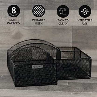  Countertop Silverware Caddy, 8 Compartment Paper Plate And Cutlery Caddy For Plates, Bowls, Forks, Spoons, Knives, Napkins, Perfect Flatware & Utensil Holder For Party, Picnic, Home, RV - Black