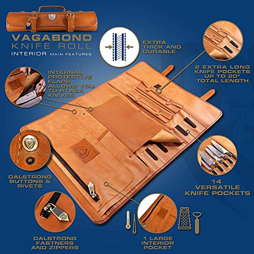  - Large Chef Knife Roll Bag - Brazilian Leather - California Brown - Vagabond Series - 16 Slots - Interior And Rear Zippered Pockets - Blade Travel Storage/Case