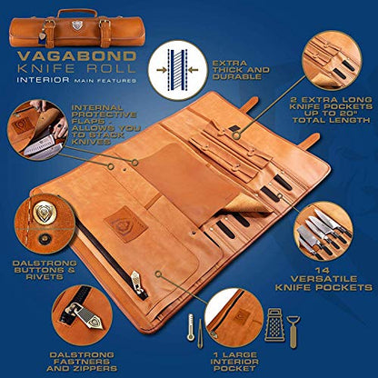  - Large Chef Knife Roll Bag - Brazilian Leather - California Brown - Vagabond Series - 16 Slots - Interior And Rear Zippered Pockets - Blade Travel Storage/Case