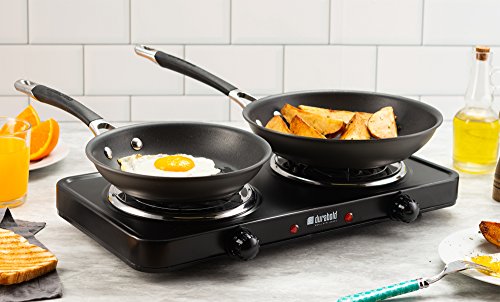  Kitchen Countertop Cast-Iron Double Burner - Stainless Steel Body – Ideal For RV, Small Apartments, Camping, Cookery Demonstrations, Or As An Extra Burner – By Durabold (Black)