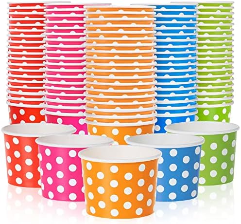  Paper Ice Cream Cups - 50-Count 4-Oz Disposable Dessert Bowls For Hot Or Cold Food, 4-Ounce Party Supplies Treat Cups For Sundae, Frozen Yogurt, Soup, 5 Colors, Polka Dots