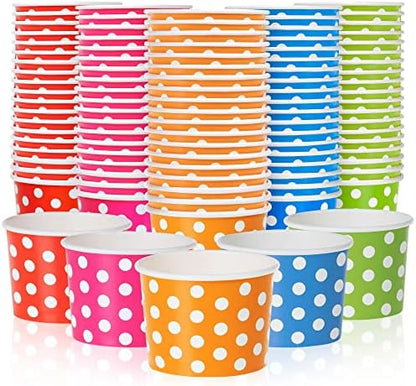  Paper Ice Cream Cups - 50-Count 4-Oz Disposable Dessert Bowls For Hot Or Cold Food, 4-Ounce Party Supplies Treat Cups For Sundae, Frozen Yogurt, Soup, 5 Colors, Polka Dots