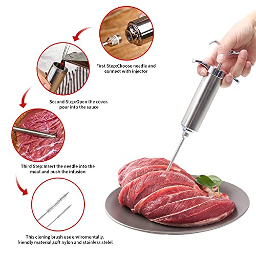  Meat Injector Syringe,Stainless Steel Injector Gun Kit With Case,2-Oz Marinade For Smoking,With 3 Professional Needles 2 Cleaning Brushes And 4 Silicone O-Rings,1Cleaning Silicone Brush (silver)