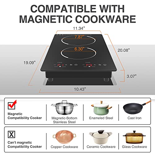 Double Induction Cooktop, Portable Induction Cooker With 2 Burner Independent Control, Ultrathin Body, 9 Temperature, 2300W-Multiple Power Levels, 2 Hour Timer, Safety Lock