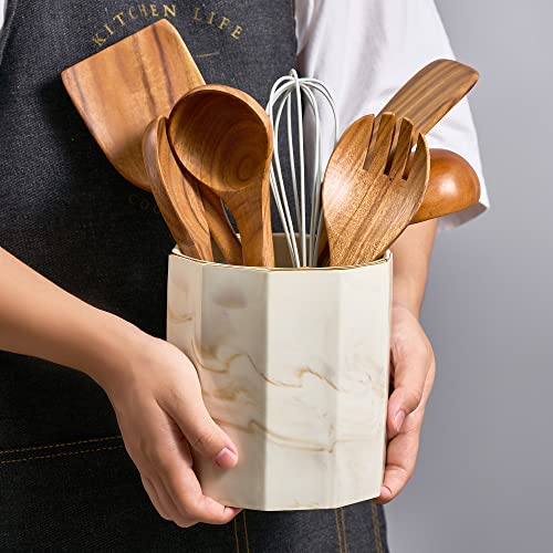  Kitchen Utensil Holder For Countertop, Ceramic Utensil Caddy, Farmhouse Utensil Crock Utensil Organizer For Kitchen Décor, Brown Marble Cooking Utensil Holder