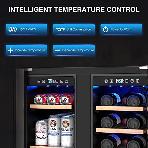  Wine And Beverage Refrigerator, 24 Inch Dual Zone Wine Fridge With Safety Locks, Under Counter Wine Cooler Beer Fridge Built-In Or Freestanding, Holds 20 Bottles And 57 Cans (Glass Door & Foam Door)