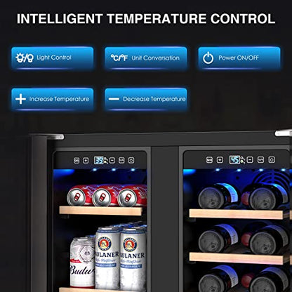  Wine And Beverage Refrigerator, 24 Inch Dual Zone Wine Fridge With Safety Locks, Under Counter Wine Cooler Beer Fridge Built-In Or Freestanding, Holds 20 Bottles And 57 Cans (Glass Door & Foam Door)