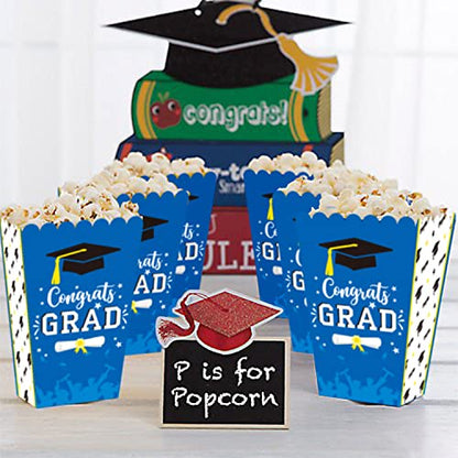  Graduation Popcorn Boxes School Grad Party Favor Plastic Popcorn Treat Boxes 24 Pieces, Blue