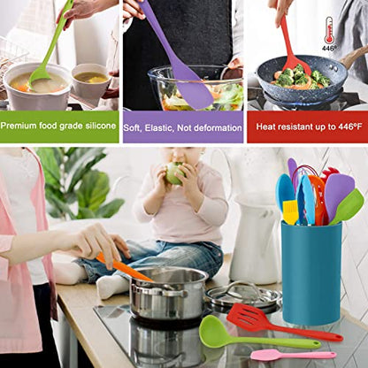  14 Pcs Cooking Utensils Set With Holder, Silicone Kitchen Cookware Utensils Set, Heat Resistant Cooking Gadget Tools Includes Spatula Spoon Turner Whisk Tong, Dishwasher Safe, Colorful