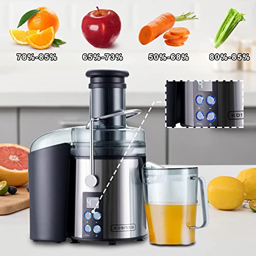  Kognita Centrifugal Juicer Machines，Juicer Machine For Vegetable And Fruit, 1100W Juice Extractor With 3’’ Feed Chute, Pulp Collector, 4-Speed Setting And LCD Monitor - Stainless-Steel, Brush Included