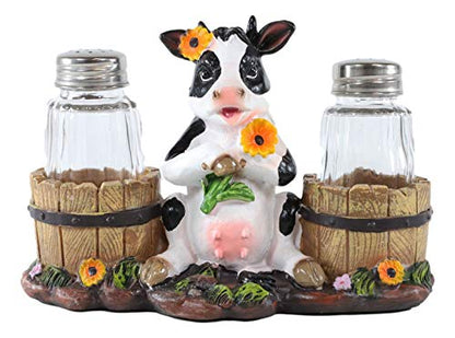  Lovely Sunflower Cow With Old Country Farm Milk Barrels Decorative Glass Salt Pepper Shakers Holder Resin Figurine 7" Wide