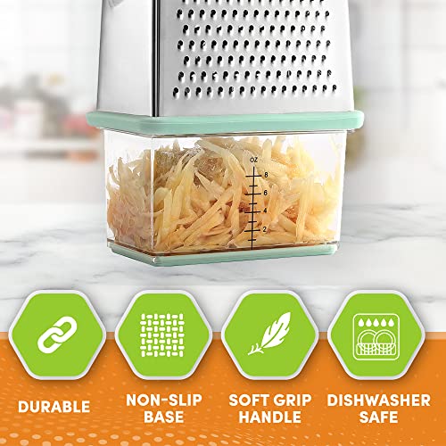  Professional Box Grater With Storage Container, Stainless Steel & Soft Grip Handle, 4 Sides, Handheld Kitchen Food Shredder Best For Parmesan Cheese, Vegetables, Ginger, 10" Mint