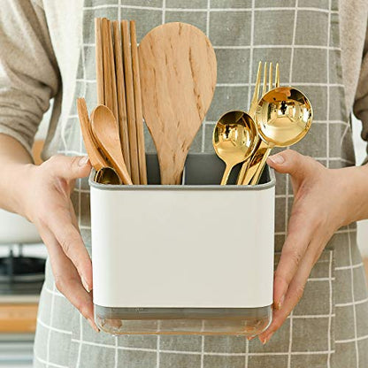  Utensil Holder Cutlery Drainer Sink Caddy, Silverware Storage Organizer Caddy Grips Sinkware For Flatware/Forks/Knives/Spoons 3 Compartments With Drainer Ideal Kitchen Sink Organiser (GRAY)