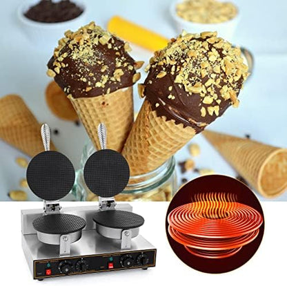  Ice Cream Cone Maker Commercial Waffle Cone Maker Machine Stainless Steel Electric Cone Waffle Maker Non-Stick Double Head Egg Roll Mold For Restaurant Home Use, 110V 2400W