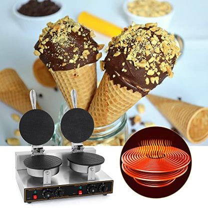  Ice Cream Cone Maker Commercial Waffle Cone Maker Machine Stainless Steel Electric Cone Waffle Maker Non-Stick Double Head Egg Roll Mold For Restaurant Home Use, 110V 2400W