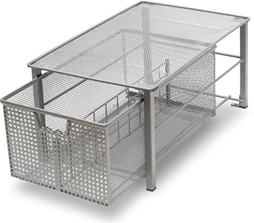  Mesh Cabinet Basket Organizer With Split Card, Silver (Large - 10 X 15.8 X 7.5)