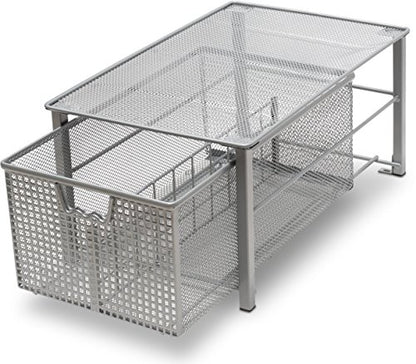 Mesh Cabinet Basket Organizer With Split Card, Silver (Large - 10 X 15.8 X 7.5)