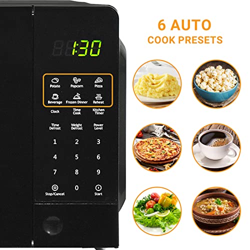  Countertop Microwave Oven With Child Lock, Small Microwave Ovens With Removable Turntable Push Button Door, 6 Auto Menus, 0.7 Cu.Ft, 700W, Black