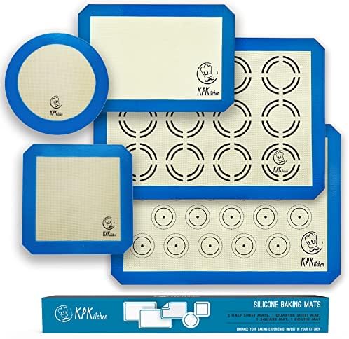  Silicone Baking Mat Set Of 5-2 Half Sheets (Macaron & Cookie Circle On Mat) + 1 Quarter + 1 Round & 1 Square Size Silicone Baking Sheet - Nonstick & Easy To Clean - 100% Silicone Mats For Baking