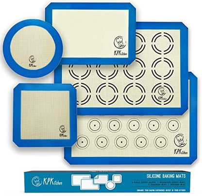  Silicone Baking Mat Set Of 5-2 Half Sheets (Macaron & Cookie Circle On Mat) + 1 Quarter + 1 Round & 1 Square Size Silicone Baking Sheet - Nonstick & Easy To Clean - 100% Silicone Mats For Baking