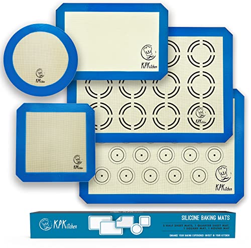  Silicone Baking Mat Set Of 5-2 Half Sheets (Macaron & Cookie Circle On Mat) + 1 Quarter + 1 Round & 1 Square Size Silicone Baking Sheet - Nonstick & Easy To Clean - 100% Silicone Mats For Baking