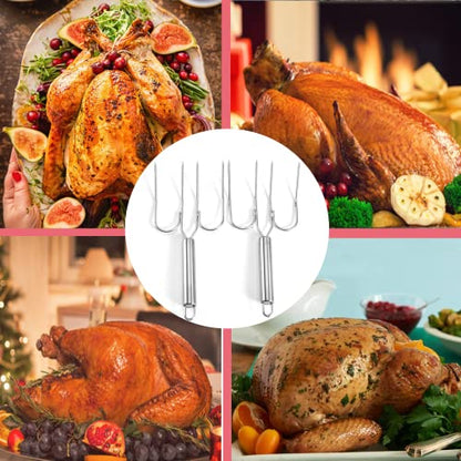  Hanksgiving Turkey & Roast Lifters, Stainless Steel Roaster Forks, Transfer Chicken Or Ham Poultry Lifters Easily, Four Needle Meat Fork, Set Of 2
