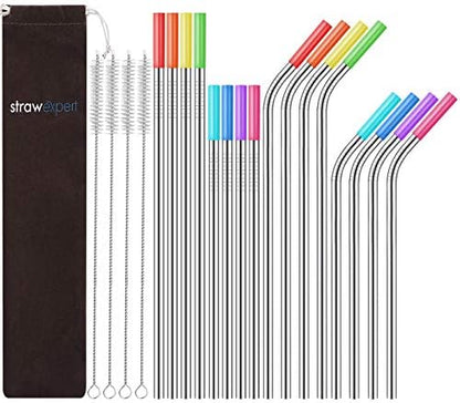  Set Of 16 Reusable Stainless Steel Straws With Travel Case Cleaning Brush Silicone Tips Eco Friendly Extra Long Metal Straws Drinking For 20 24 30 Oz Tumbler