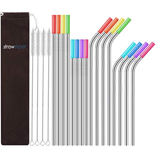  Set Of 16 Reusable Stainless Steel Straws With Travel Case Cleaning Brush Silicone Tips Eco Friendly Extra Long Metal Straws Drinking For 20 24 30 Oz Tumbler